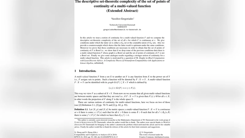The descriptive set-theoretic complexity of the set of points of   continuity of a multi-valued function (Extended Abstract)