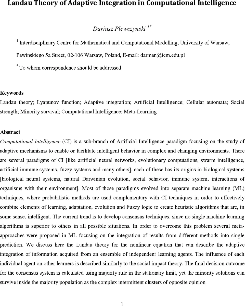 Landau Theory of Adaptive Integration in Computational Intelligence
