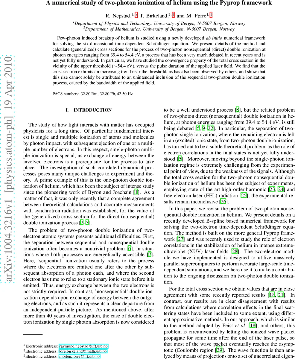 A numerical study of two-photon ionization of helium using the Pyprop   framework