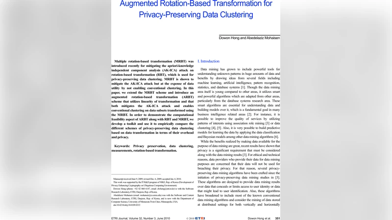 Augmented Rotation-Based Transformation for Privacy-Preserving Data   Clustering