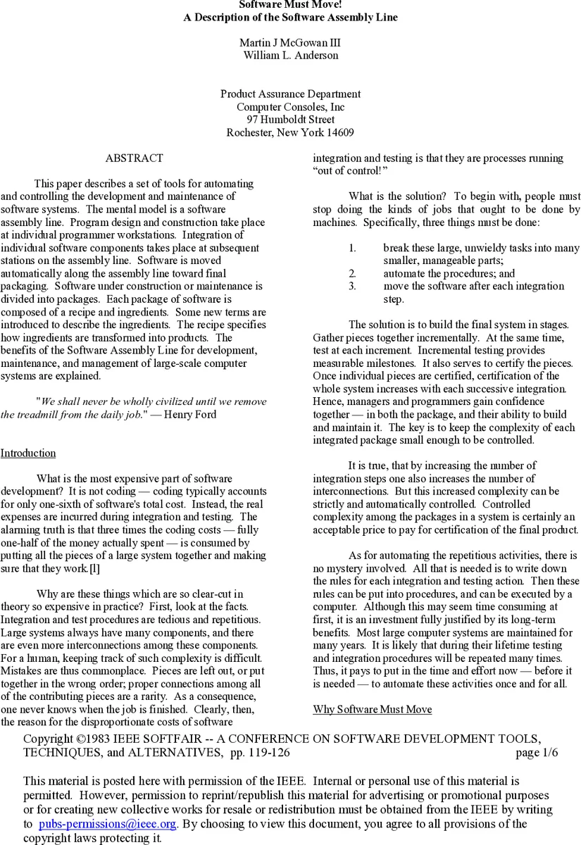 Software Must Move! A Description of the Software Assembly Line