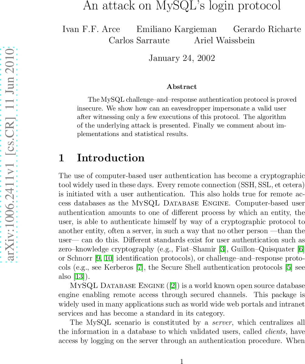 An attack on MySQLs login protocol