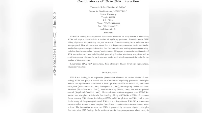 Combinatorics of RNA-RNA interaction