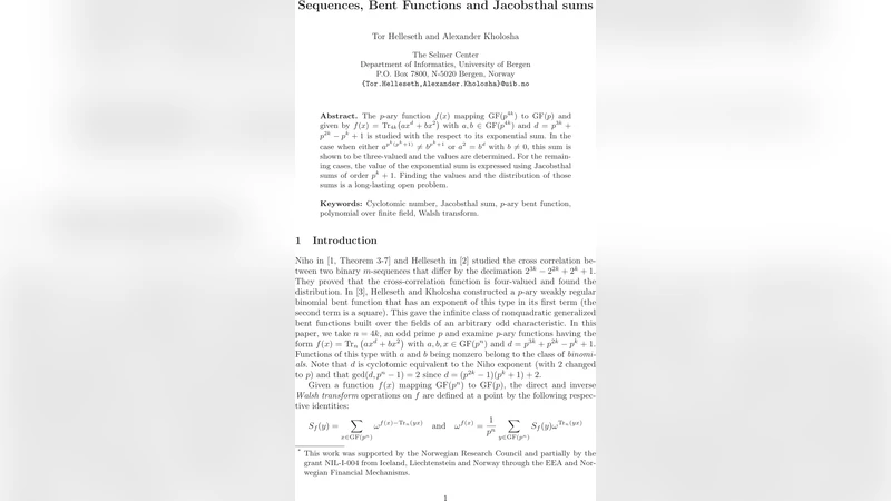 Sequences, Bent Functions and Jacobsthal sums