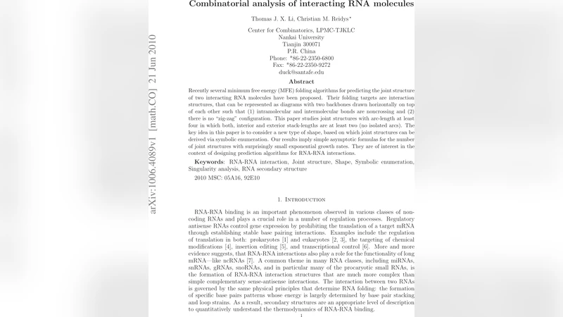 Combinatorial analysis of interacting RNA molecules