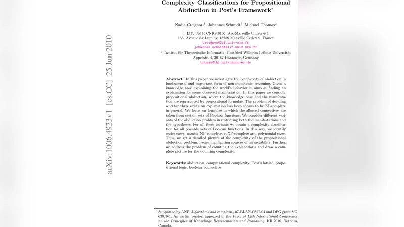 Complexity Classifications for Propositional Abduction in Posts   Framework
