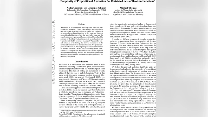 Complexity of Propositional Abduction for Restricted Sets of Boolean   Functions
