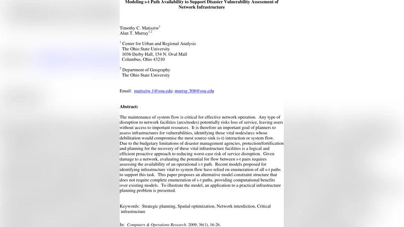 Modeling s-t Path Availability to Support Disaster Vulnerability   Assessment of Network Infrastructure