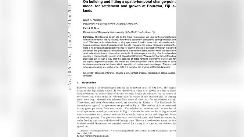 On building and fitting a spatio-temporal change-point model for   settlement and growth at Bourewa, Fiji Islands