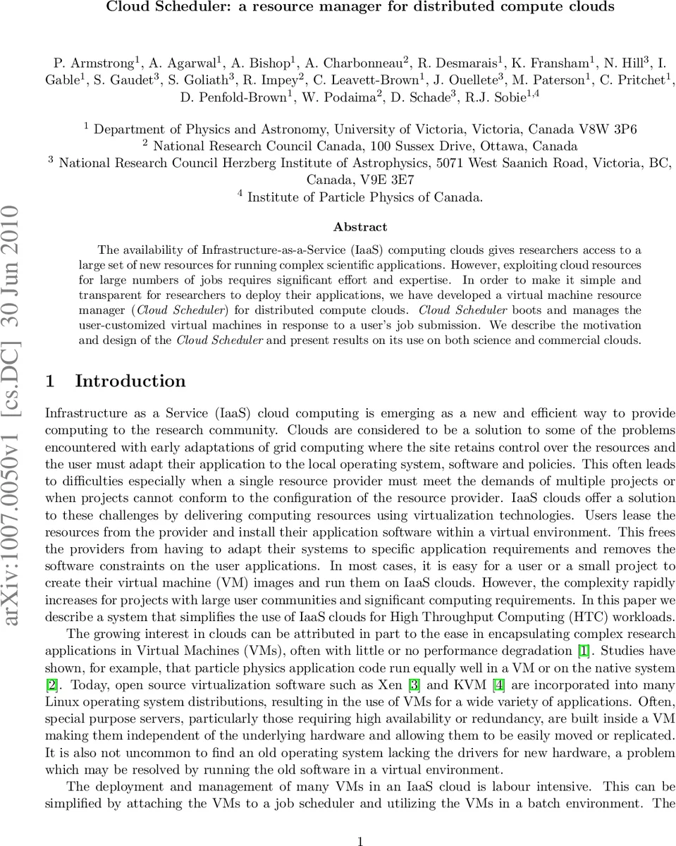 Cloud Scheduler: a resource manager for distributed compute clouds