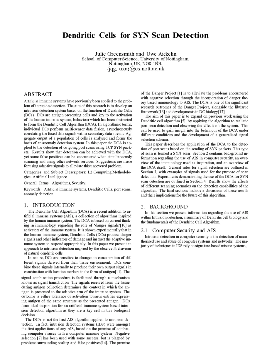 Dendritic Cells for SYN Scan Detection