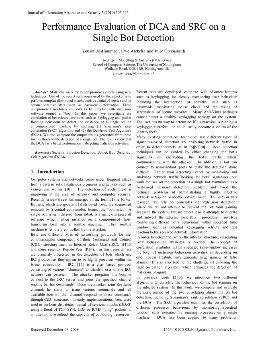Performance Evaluation of DCA and SRC on a Single Bot Detection