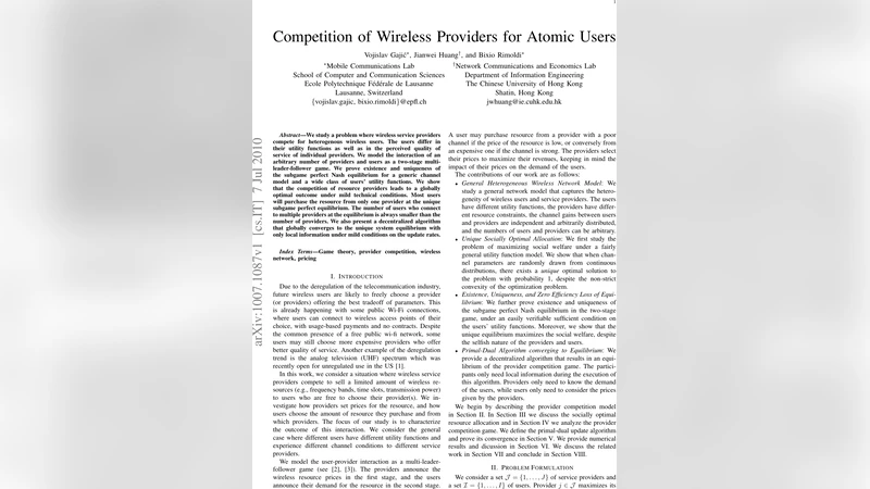 Competition of Wireless Providers for Atomic Users