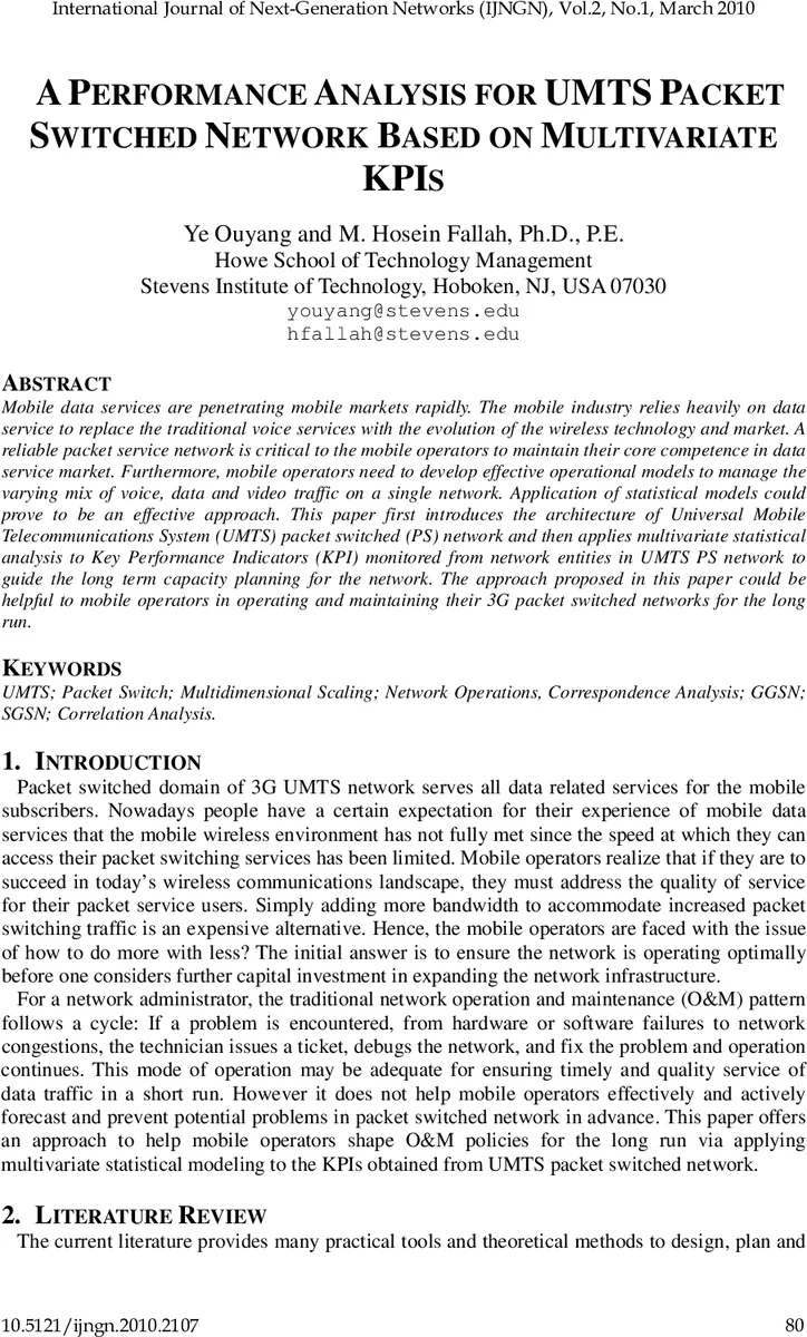 A Performance Analysis for UMTS Packet Switched Network Based on   Multivariate KPIS