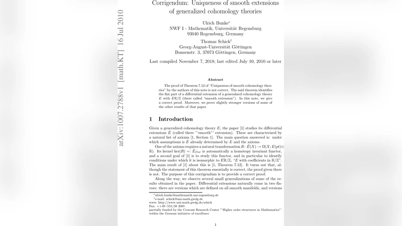 Corrigendum: Uniqueness of smooth extensions of generalized cohomology   theories