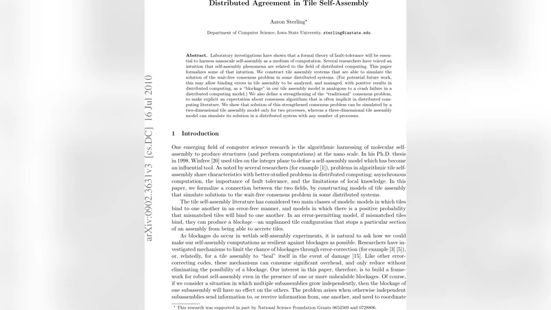 Distributed Agreement in Tile Self-Assembly