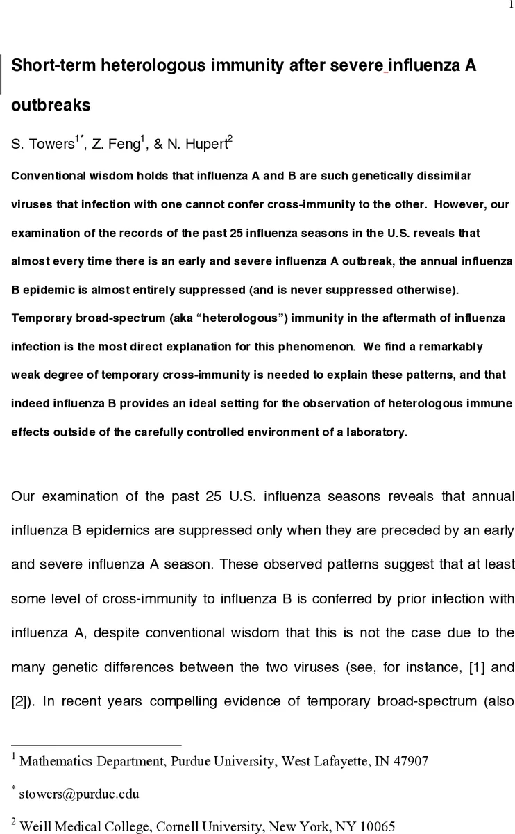 Short-term heterologous immunity after severe influenza A outbreaks