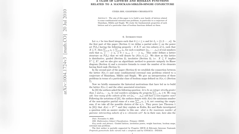 A Class of lattices and boolean functions related to a   Manickam-Mikl"os-Singhi Conjecture