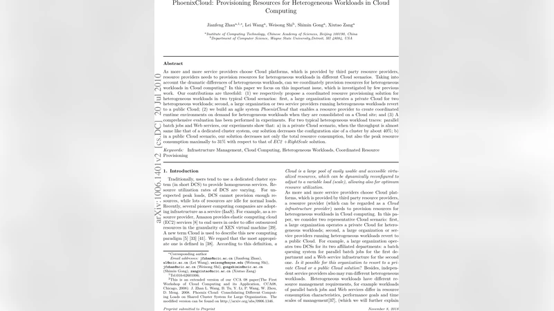 PhoenixCloud: Provisioning Resources for Heterogeneous Workloads in   Cloud Computing