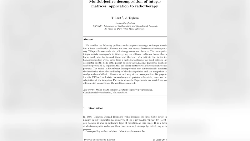 Multiobjective decomposition of integer matrices: application to   radiotherapy
