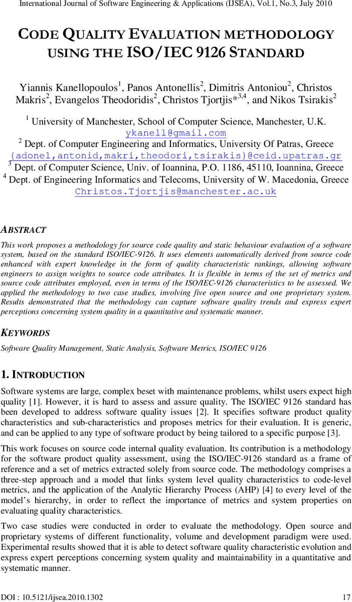 Code Quality Evaluation Methodology Using The ISO/IEC 9126 Standard