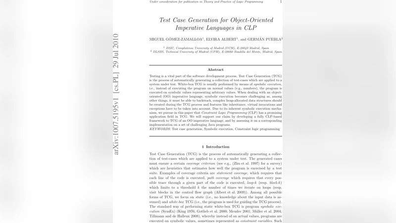 Test Case Generation for Object-Oriented Imperative Languages in CLP
