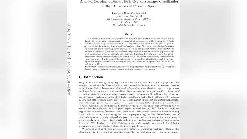 Bounded Coordinate-Descent for Biological Sequence Classification in   High Dimensional Predictor Space