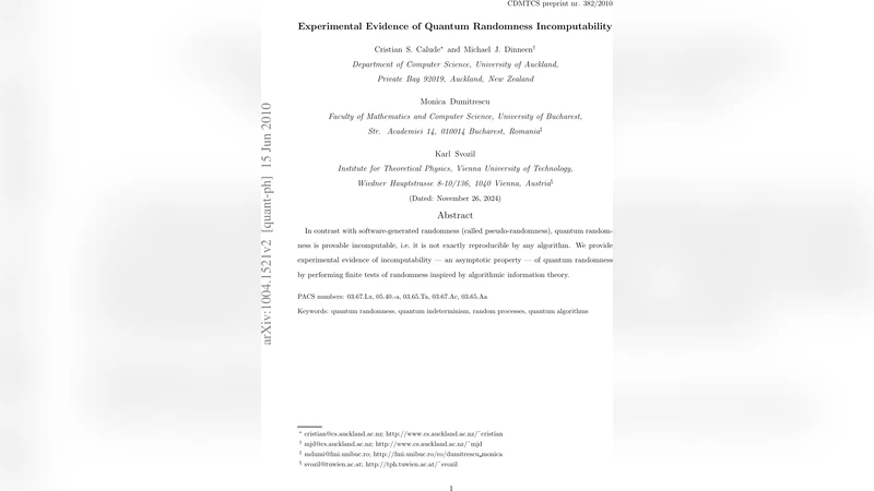 Experimental Evidence of Quantum Randomness Incomputability