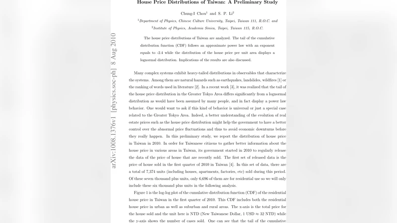 House Price Distributions of Taiwan: A Preliminary Study