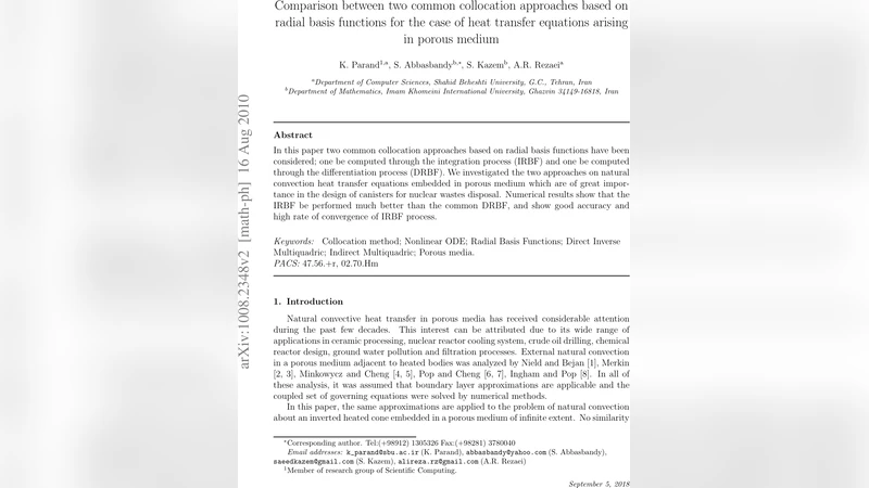 Comparison between two common collocation approaches based on radial   basis functions for the case of heat transfer equations arising in porous   medium