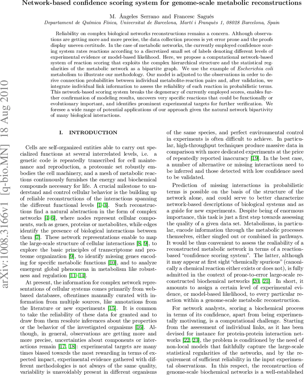 Network-based confidence scoring system for genome-scale metabolic   reconstructions