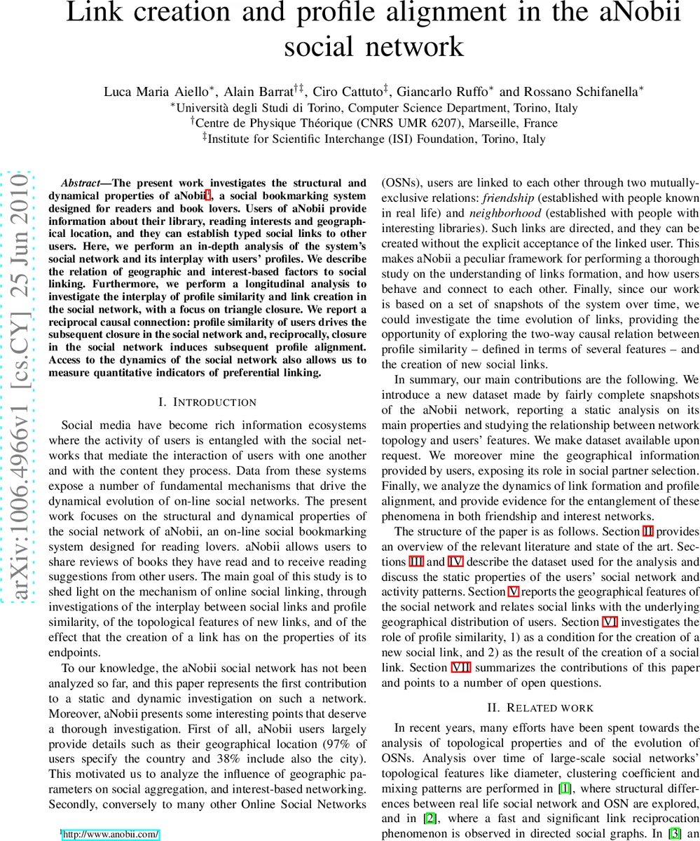 Link creation and profile alignment in the aNobii social network