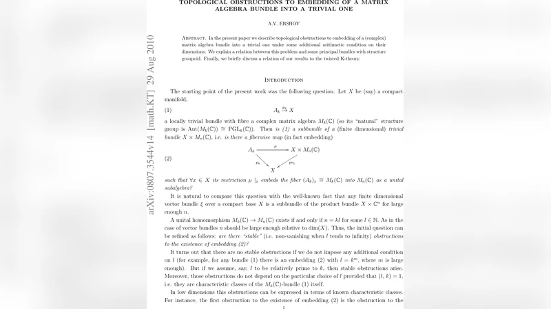 Topological obstructions to embedding of a matrix algebra bundle into a   trivial one