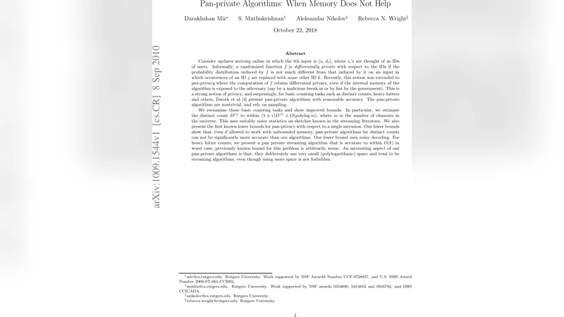 Pan-private Algorithms: When Memory Does Not Help