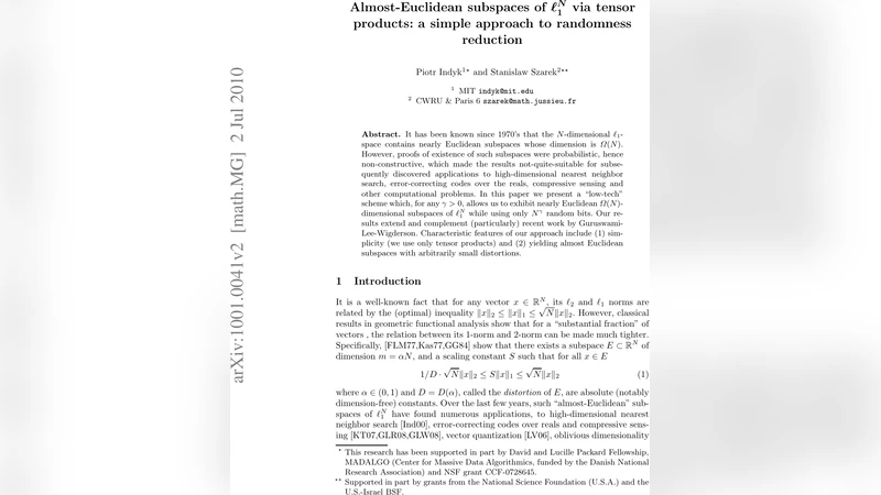 Almost-Euclidean subspaces of $ell_1^N$ via tensor products: a simple   approach to randomness reduction