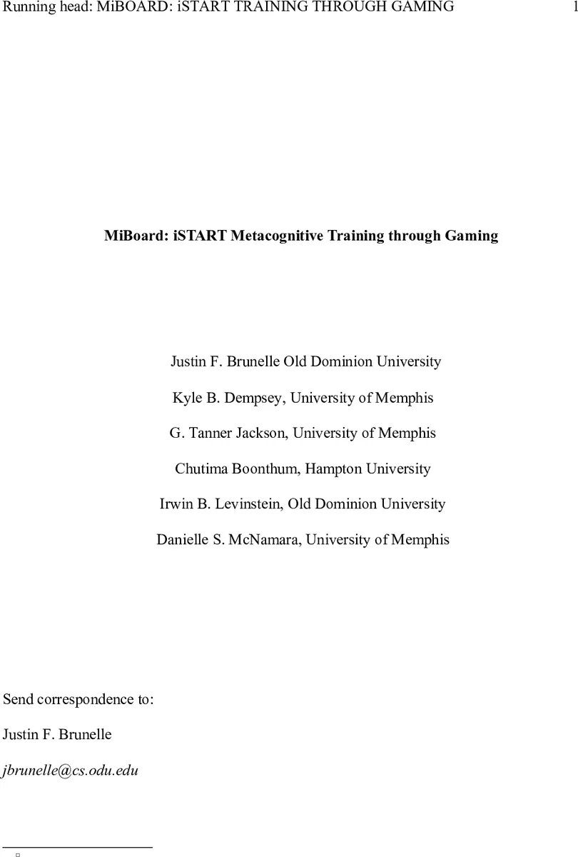 MiBoard: iSTART Metacognitive Training through Gaming