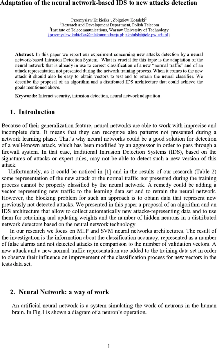 Adaptation of the neural network-based IDS to new attacks detection