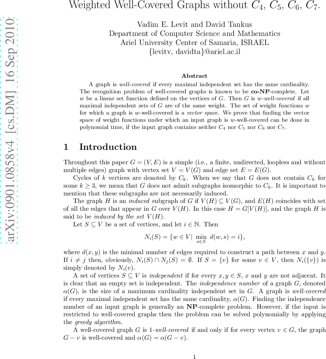 Weighted Well-Covered Graphs without Cycles of Length 4, 5, 6 and 7