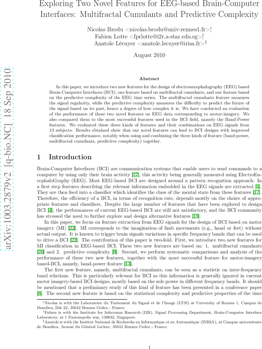 Exploring Two Novel Features for EEG-based Brain-Computer Interfaces:   Multifractal Cumulants and Predictive Complexity