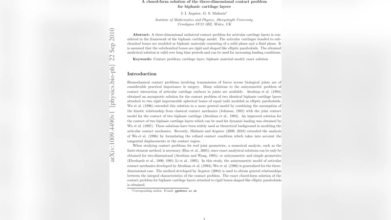 A closed-form solution of the three-dimensional contact problem for   biphasic cartilage layers