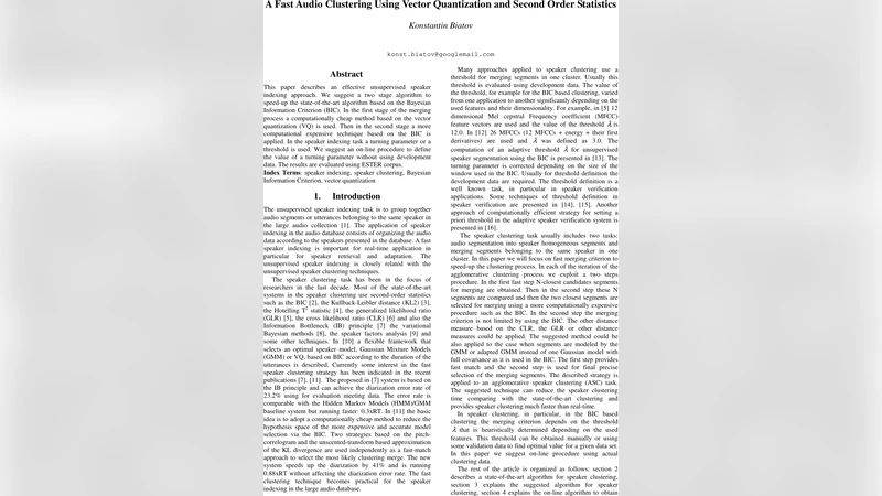 A Fast Audio Clustering Using Vector Quantization and Second Order   Statistics