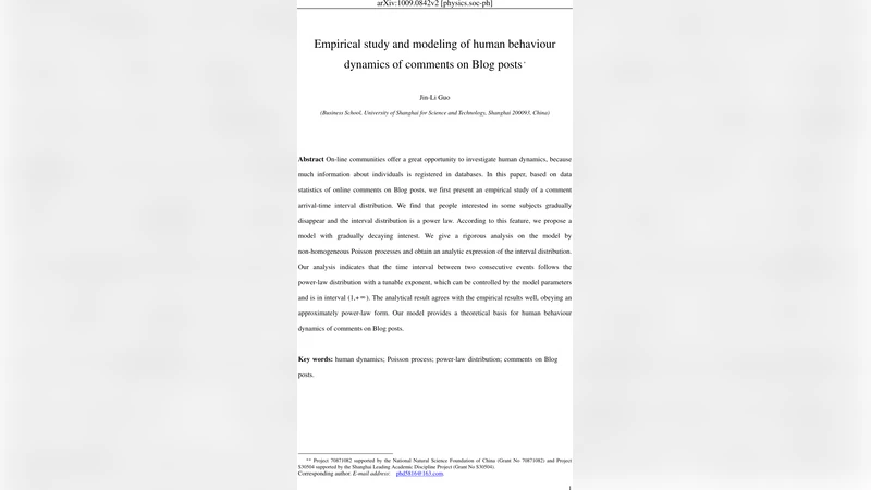 Empirical study and modeling of human behaviour dynamics of comments on   Blog posts