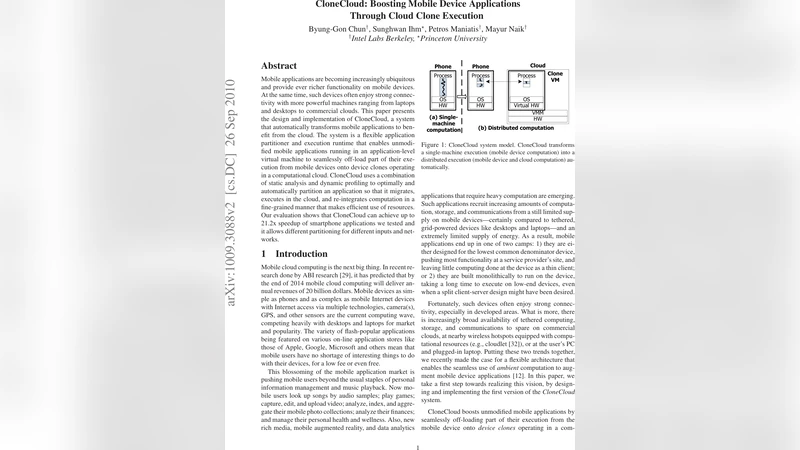 CloneCloud: Boosting Mobile Device Applications Through Cloud Clone   Execution