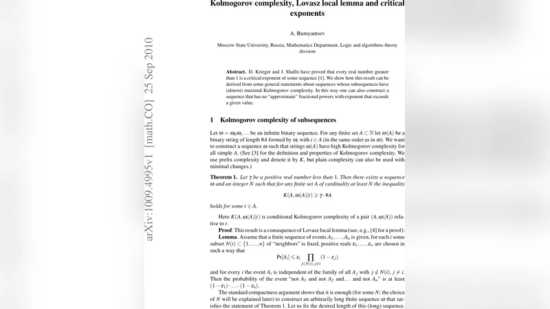 Kolmogorov complexity, Lovasz local lemma and critical exponents