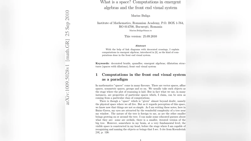 What is a space? Computations in emergent algebras and the front end   visual system