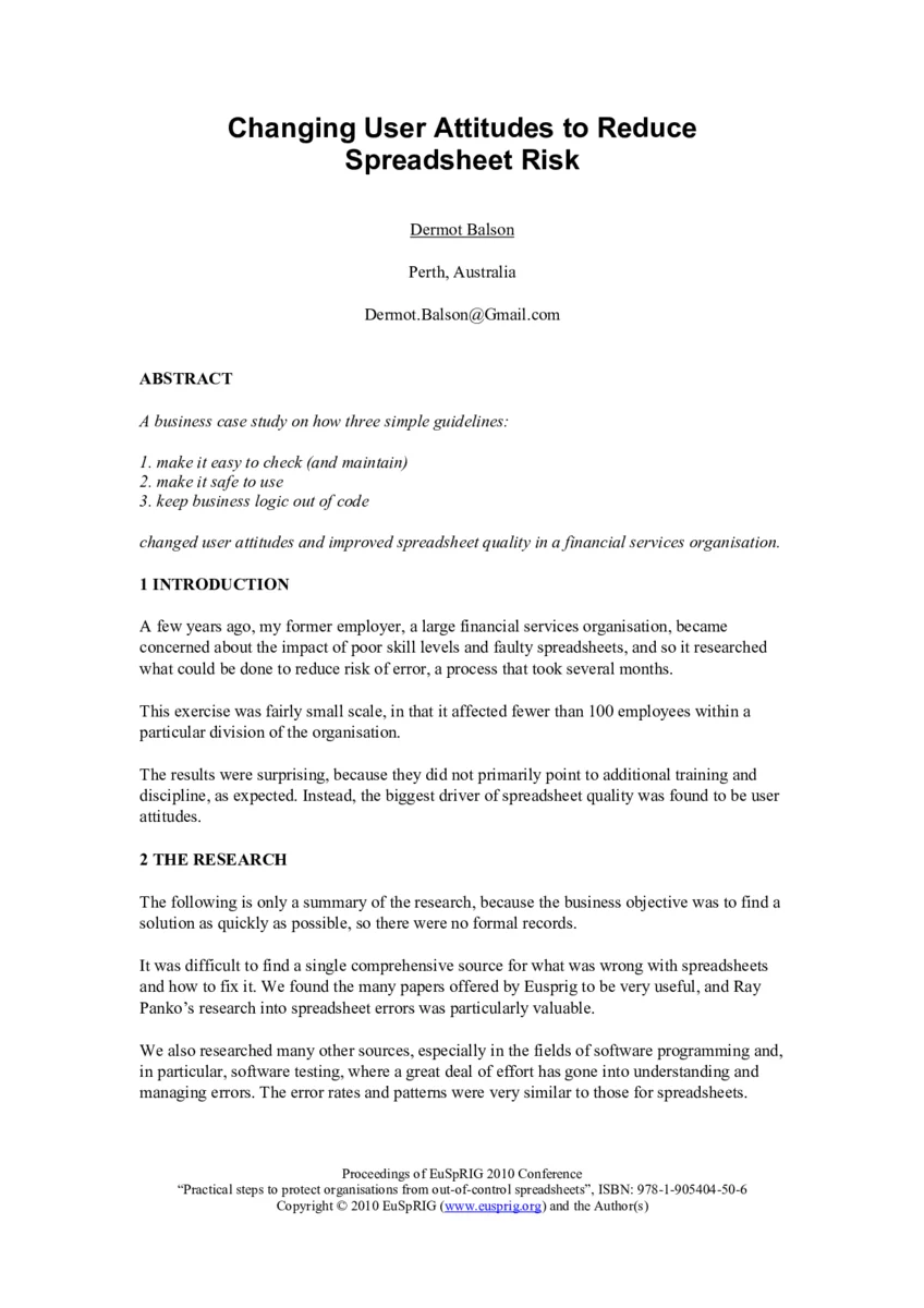 Changing User Attitudes to Reduce Spreadsheet Risk
