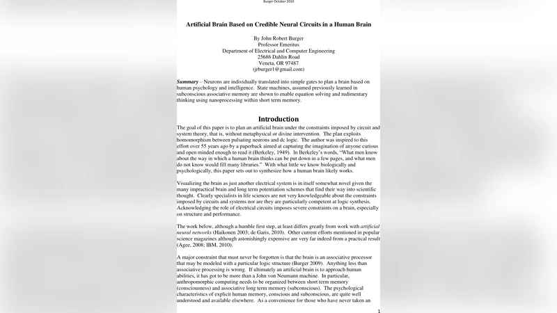 Artificial Brain Based on Credible Neural Circuits in a Human Brain