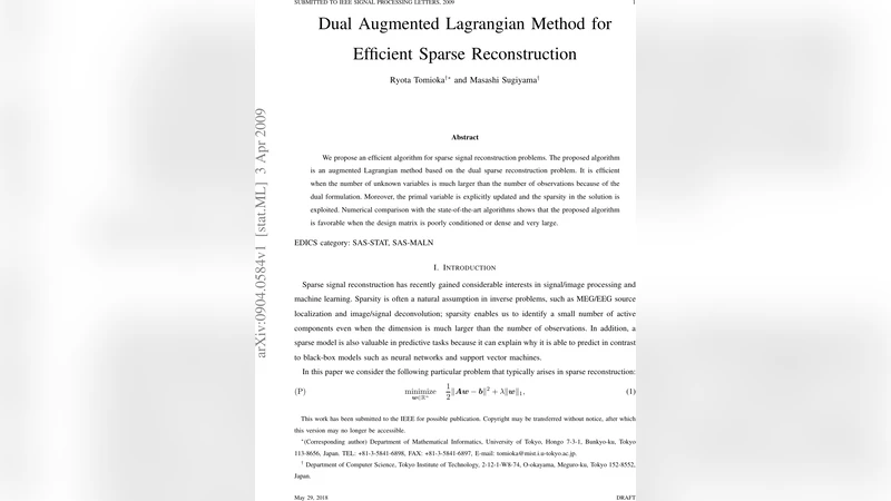Dual Augmented Lagrangian Method for Efficient Sparse Reconstruction