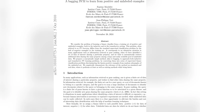 A bagging SVM to learn from positive and unlabeled examples