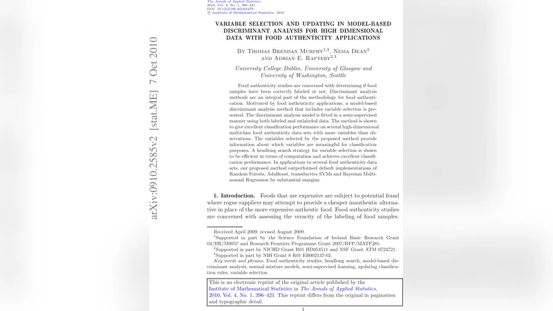 Variable selection and updating in model-based discriminant analysis for   high dimensional data with food authenticity applications